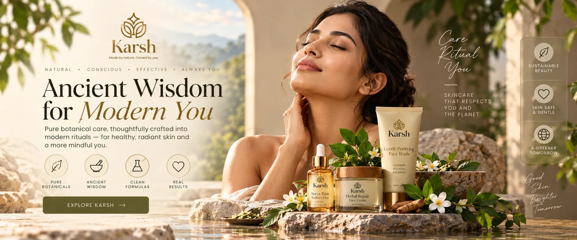 A woman at a sunlit pool with the KARSH serum, face cream and face wash