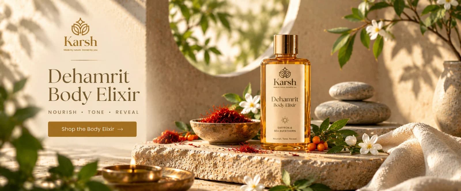 Dehamrit Body Elixir with saffron, sea buckthorn and white flowers