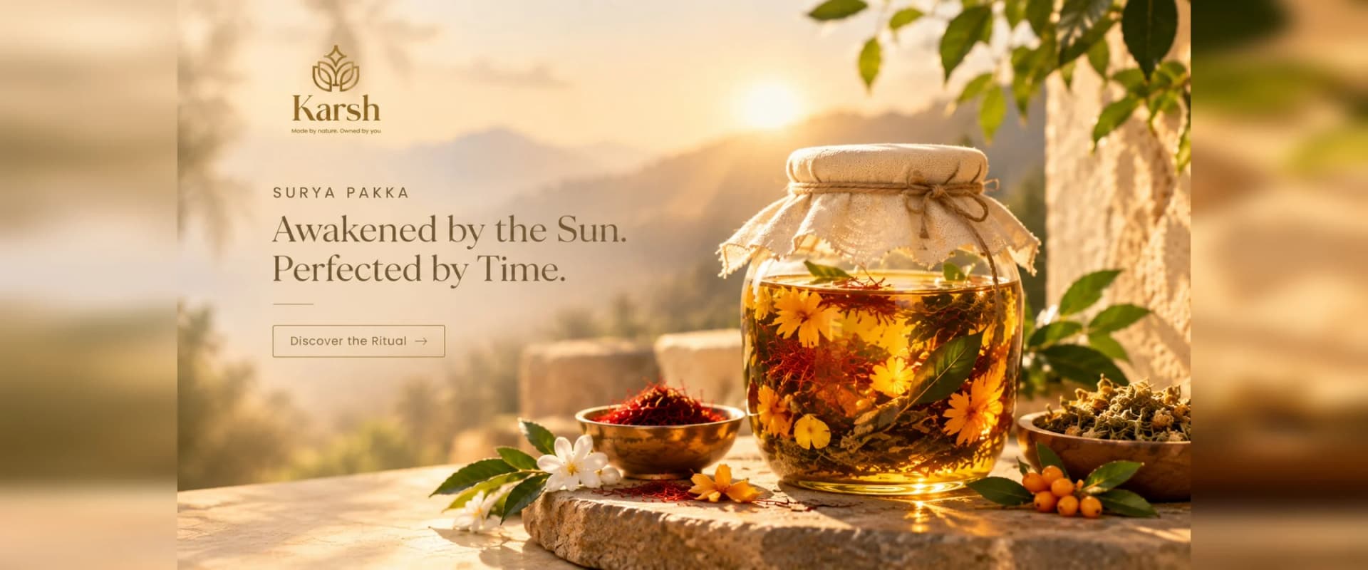 Botanicals steeping in a sunlit glass jar, with saffron and sea buckthorn