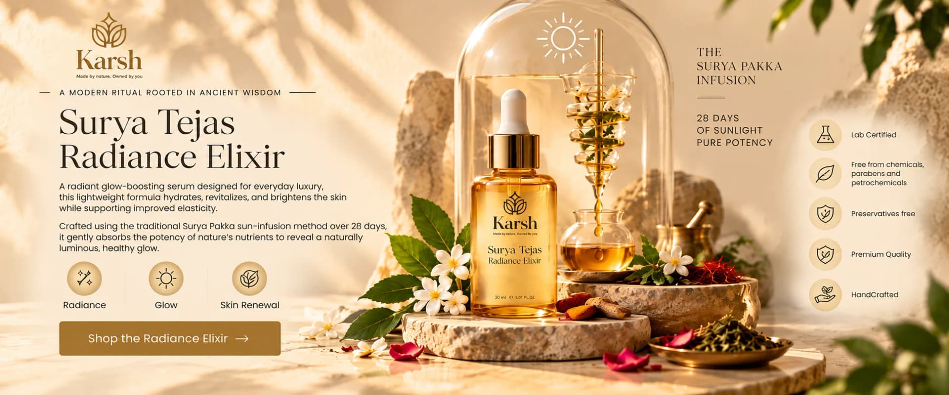 Surya Tejas Radiance Elixir under a glass dome, with saffron and white flowers