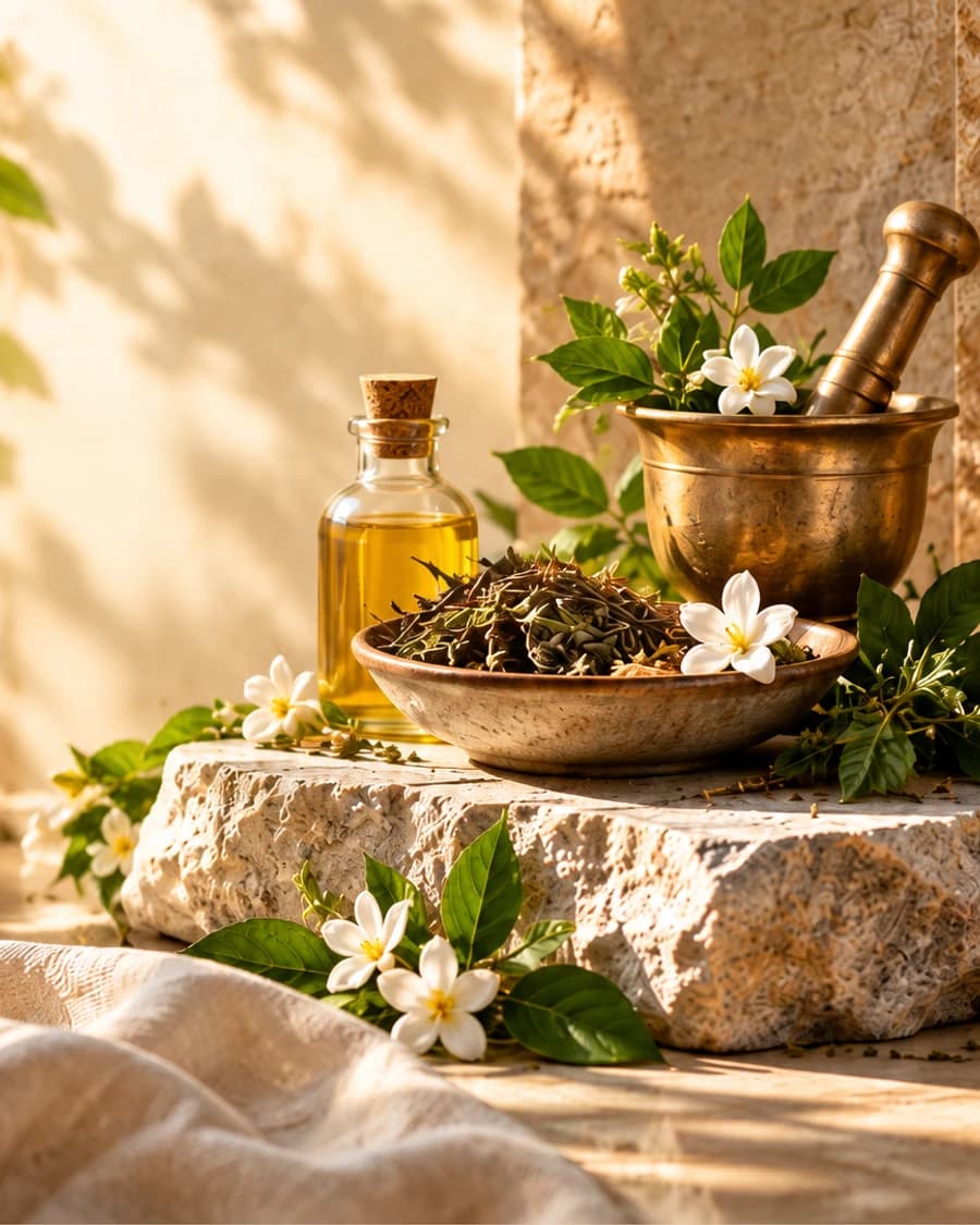 A brass mortar and pestle, botanical oil and jasmine on sunlit stone