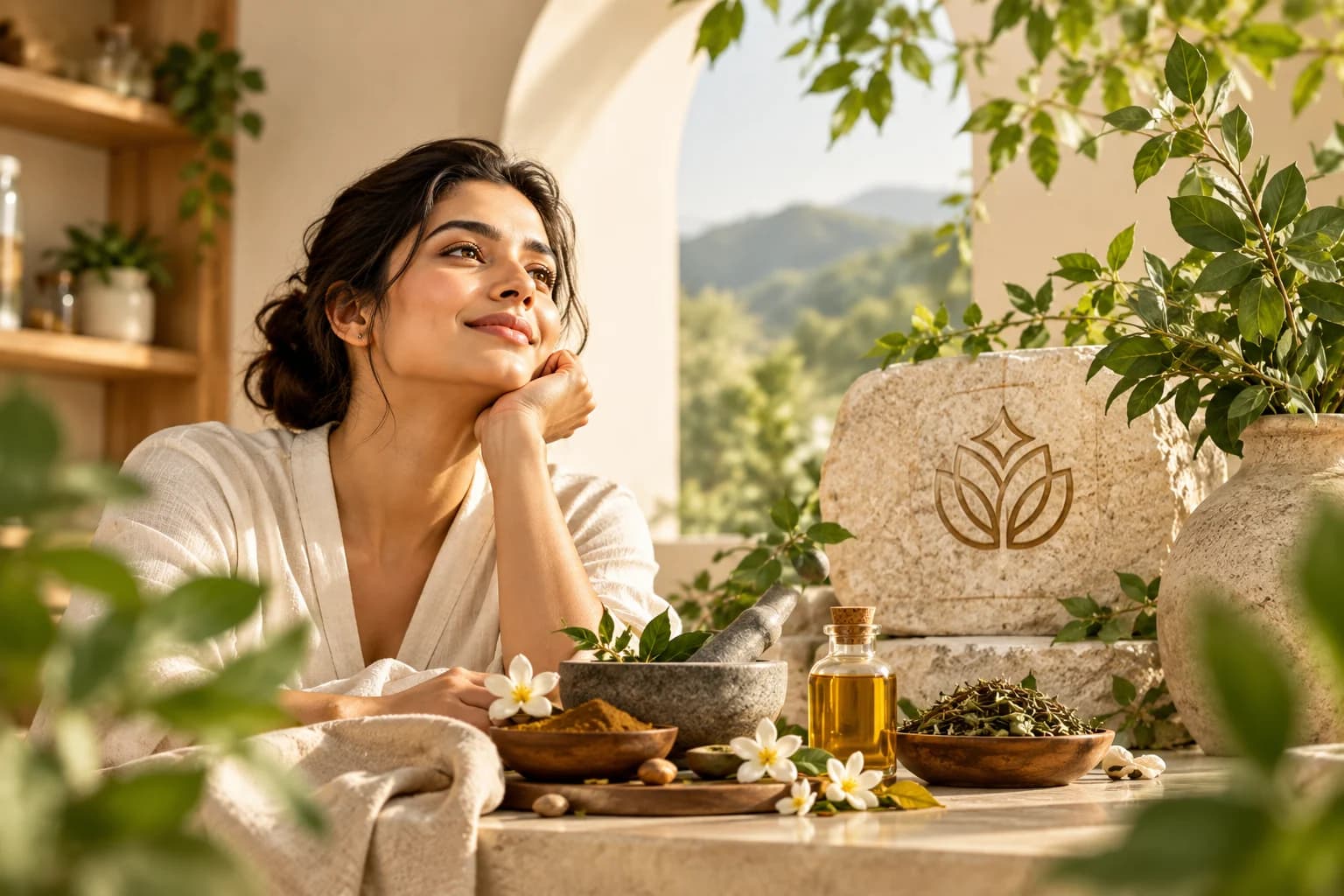 A woman at a sunlit window with a mortar and pestle, botanical oil, herbs and jasmine