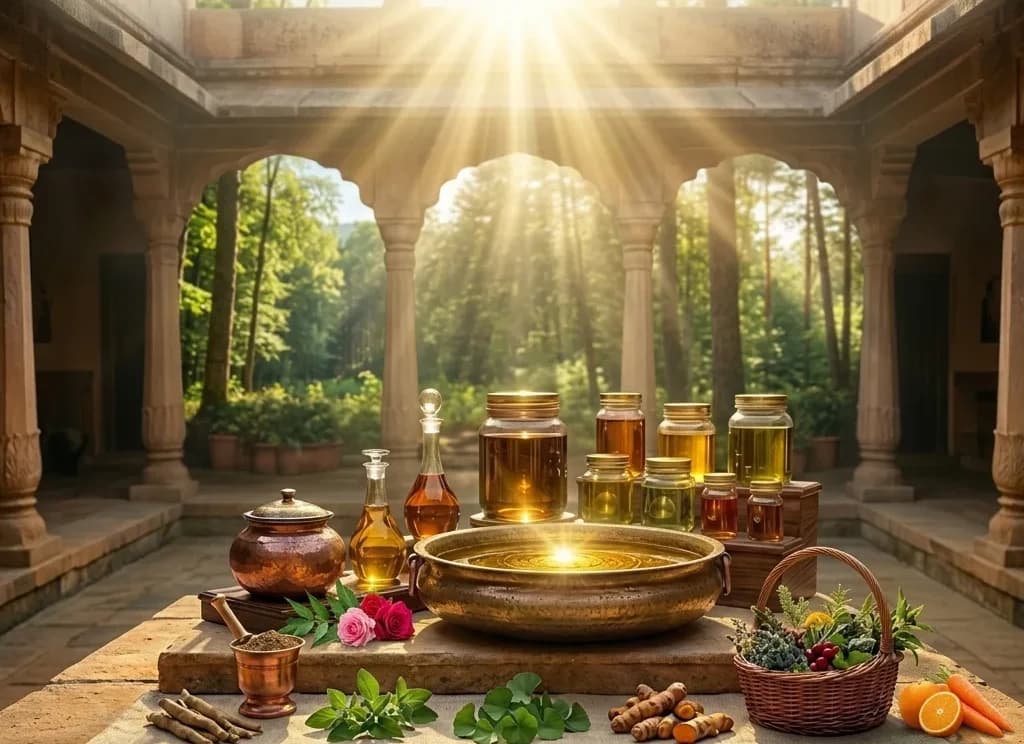 Botanical oils warming in sunlight in a stone courtyard, with fresh herbs, flowers and fruit